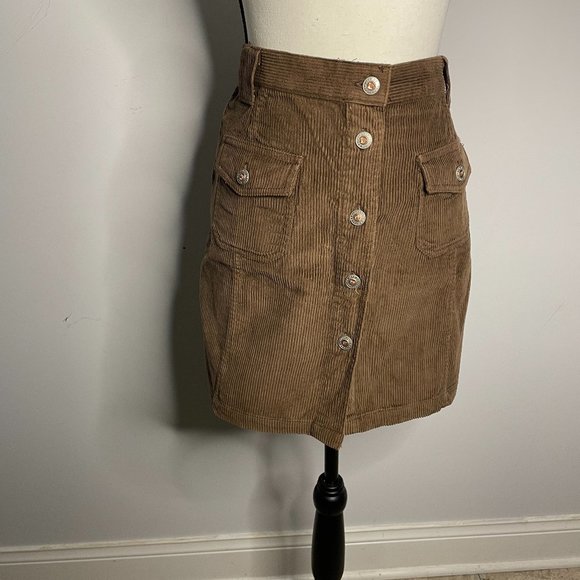 Fore Warned Corduroy Brown Skirt Button Front Mini Skirt Women's Size 14 - Picture 2 of 15
